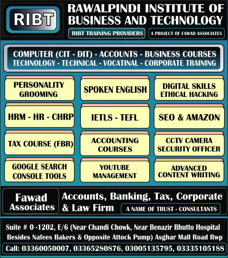 CSS Language Course, Python Programming Language Course, Amazon Course, HRM Course, Professional Courses, Computer Courses, IT Courses, Spoken English, Computer Courses, Business & Technology Courses at RIBT - Rawalpindi Institute of Business & Technology - Chandni Chowk, Asghar Mall Road Rawalpindi 03360050007