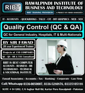 Quality Assurance QA & QC Course, Tally Prime/ERP, Peachtree Course, Taxation Course, Computerized Accounting Course, QuickBooks Course, Tally Course, Accounts Handling Courses - Rawalpindi Institute of Business & Technology - Chandni Chowk, Asghar Mall Road Rawalpindi 03360050007