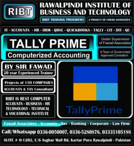 Accounting Courses, Services, Tally Prime/ERP, Peachtree Course, Taxation Course, Computerized Accounting Course, QuickBooks Course, Tally Course, Accounts Handling Courses - Rawalpindi Institute of Business & Technology - Chandni Chowk, Asghar Mall Road Rawalpindi 03360050007
